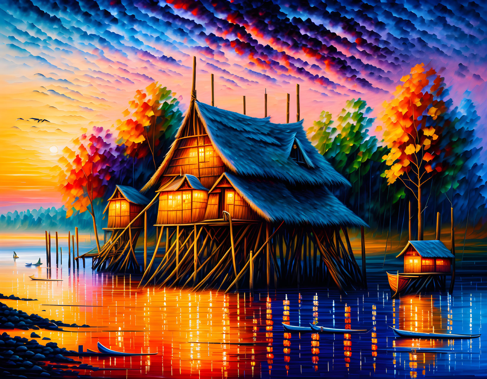 Colorful Sunset Scene: Stilt Houses, Autumn Trees, Boat