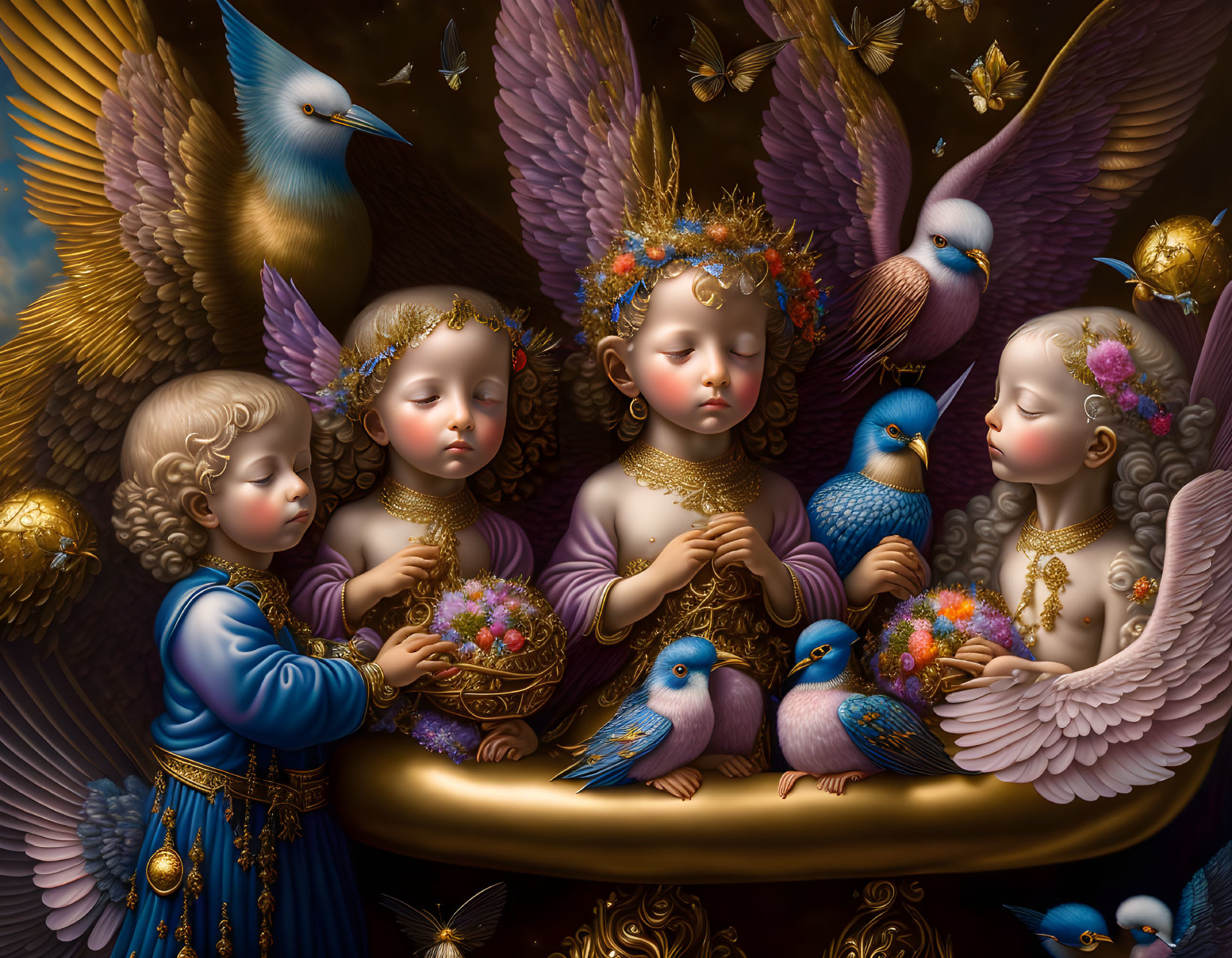 Ethereal painting: Cherubic figures, birds, flowers, celestial motifs on dark background