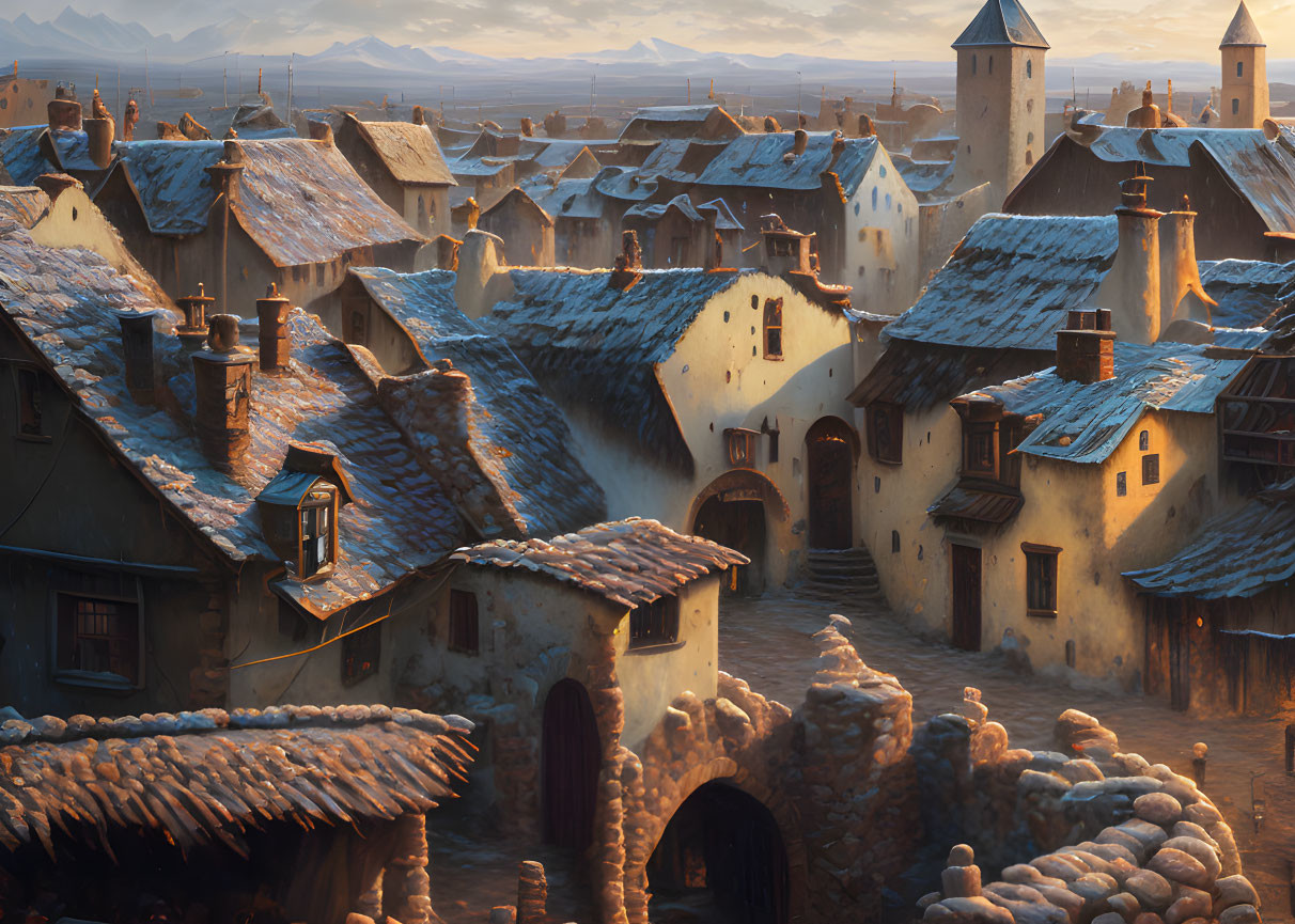 European-style Village Sunset: Terracotta Roofs, Stone Walls, Cobblestone Streets