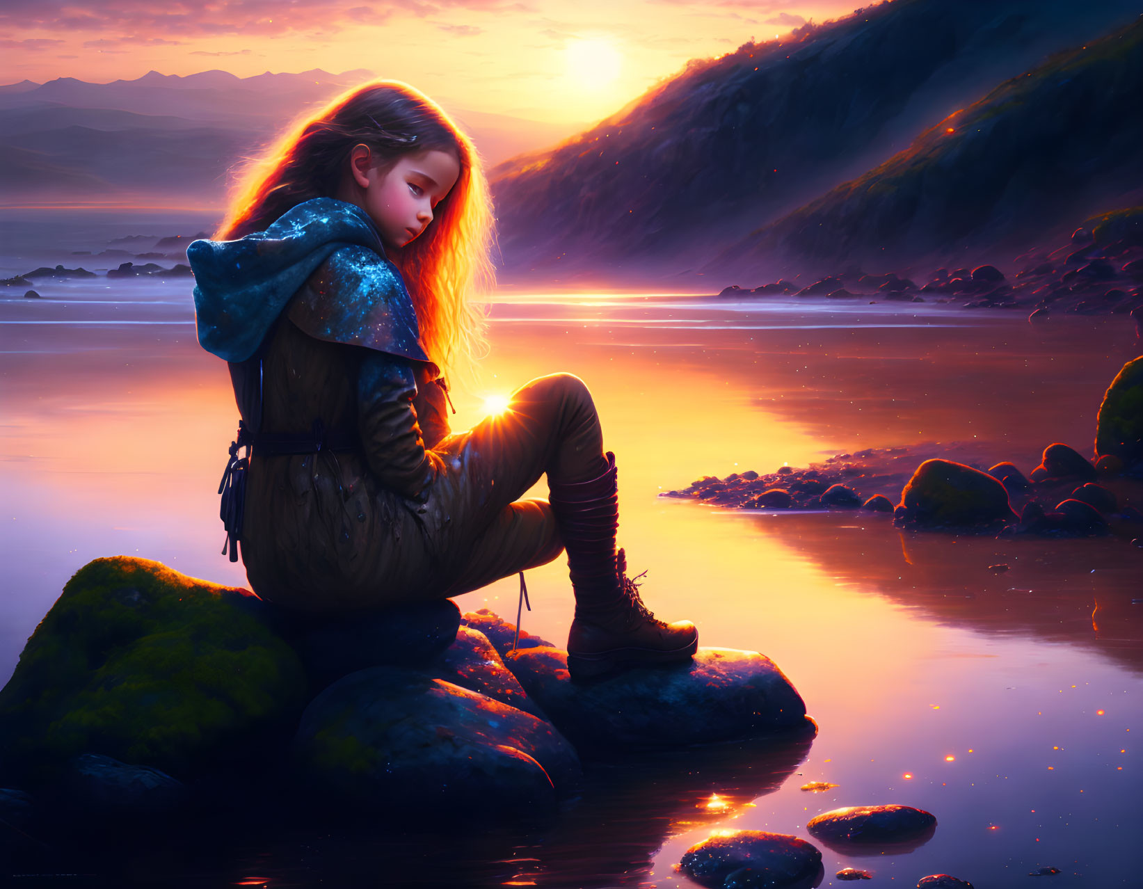 Young woman in futuristic armor by reflective shoreline at sunset