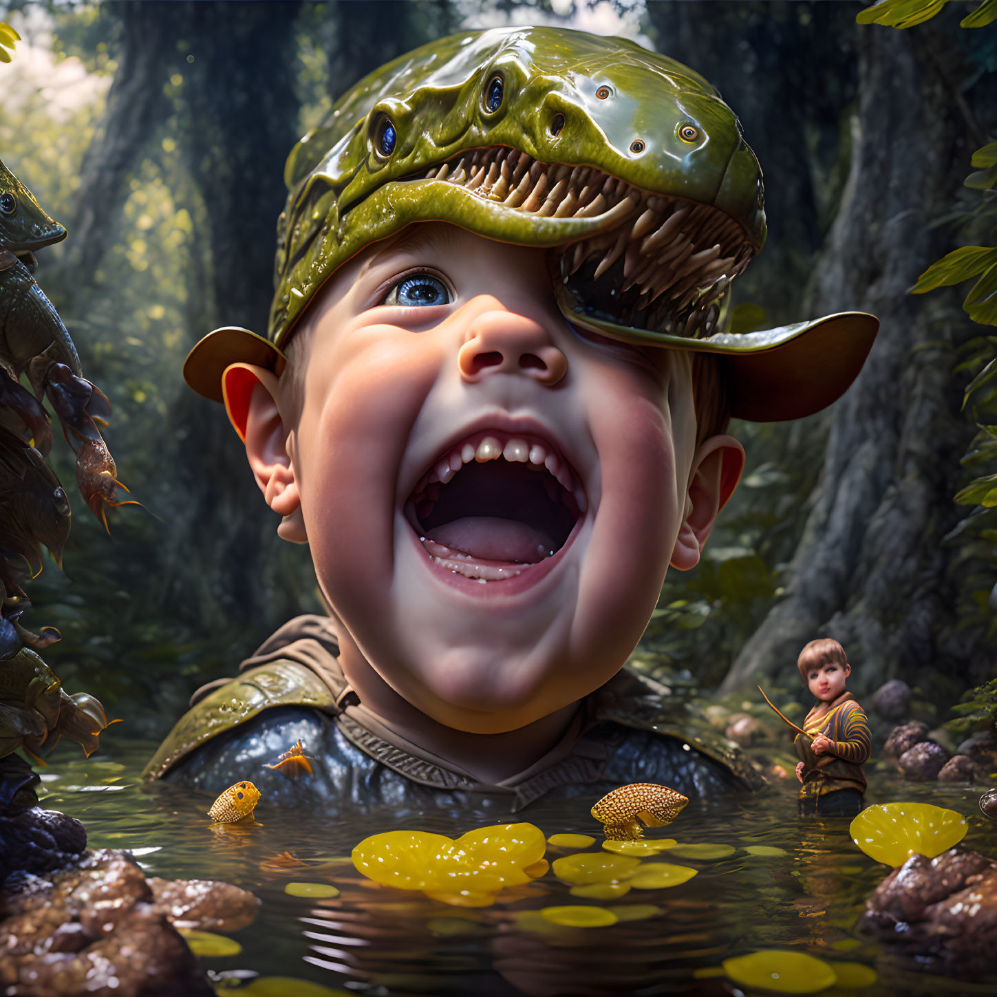 Baby in dinosaur helmet in whimsical setting with tiny creatures and miniature person by water