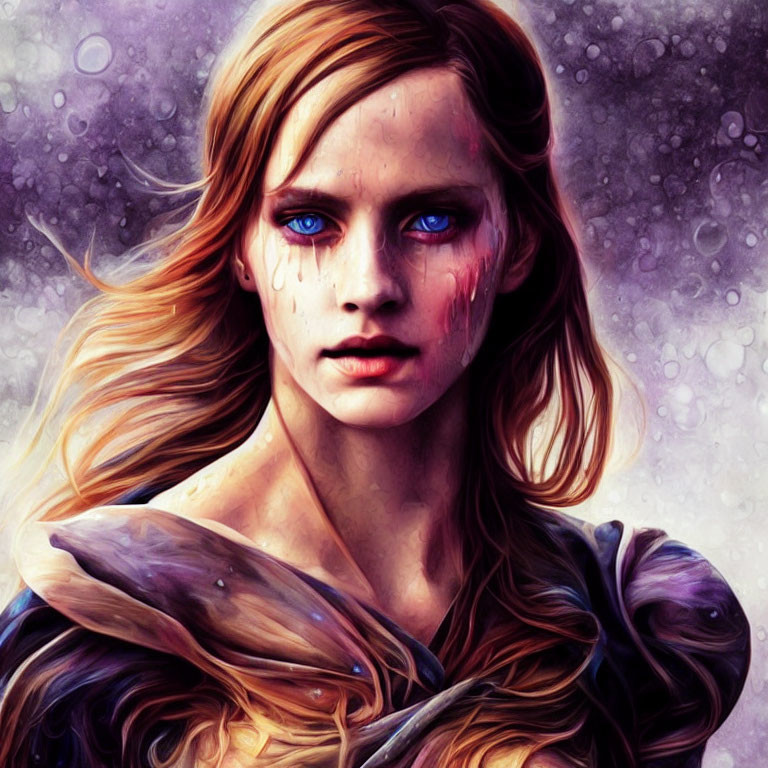 Digital artwork: Woman with intense blue eyes and tears in fantasy armor against mystical purple backdrop