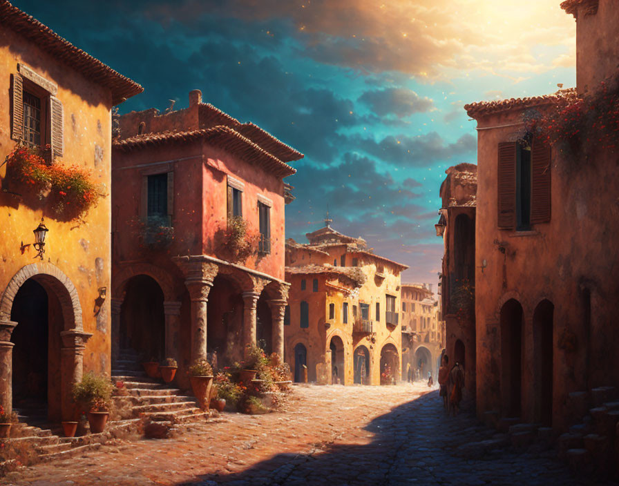 Charming cobblestone street with rustic buildings at dusk