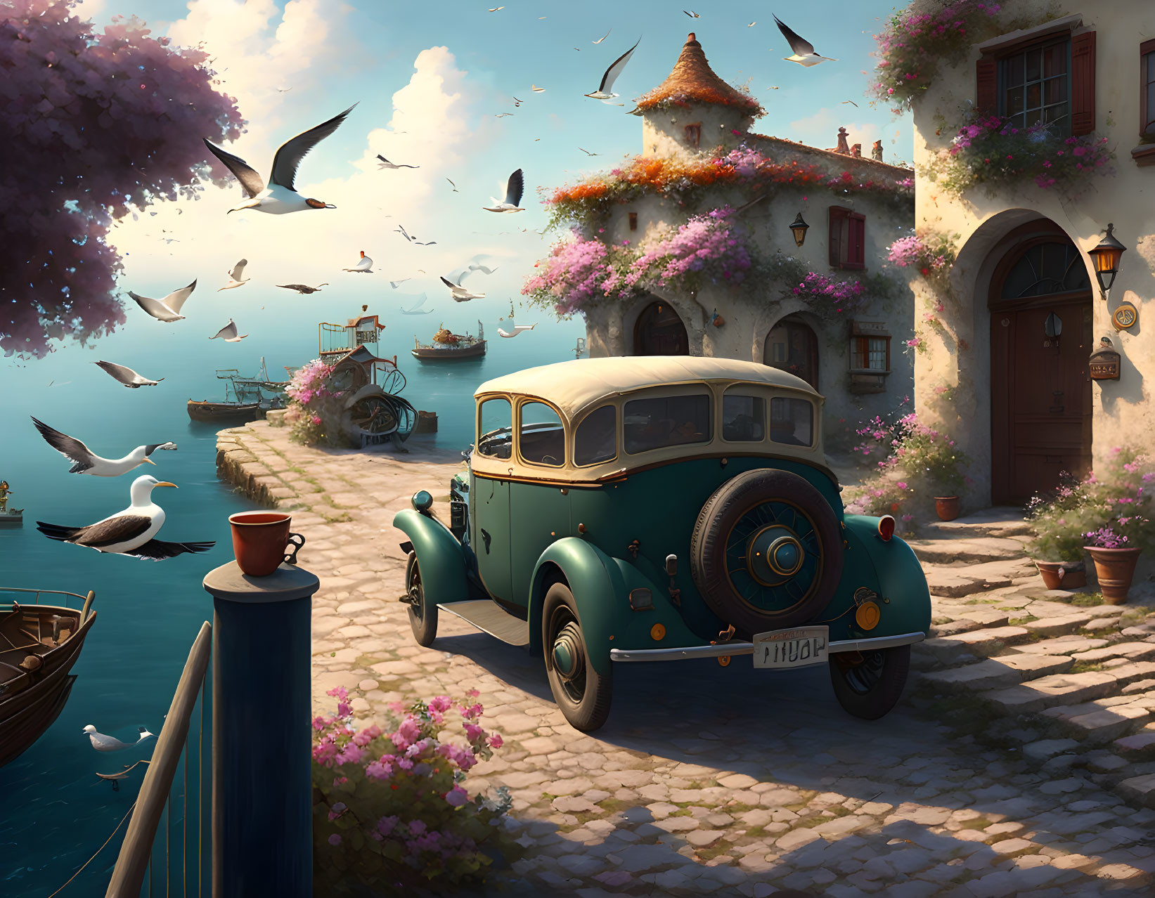 Vintage Green Car Parked by Seaside Villa with Blooming Flowers