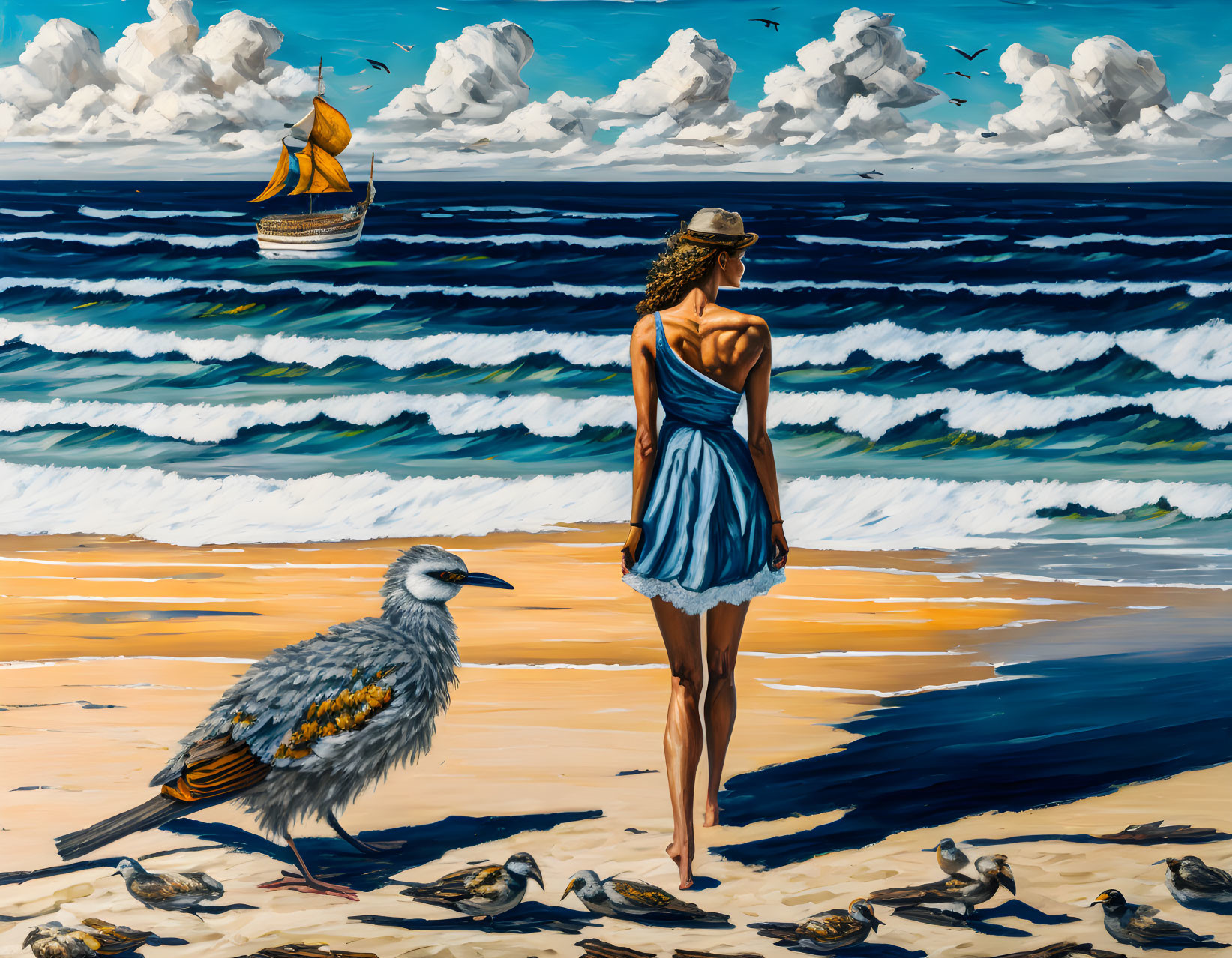 Woman in Blue Dress and Hat on Beach with Waves, Sailing Boat, and Birds