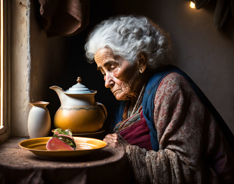 Elderly woman with white hair looking at window beside table with teapot and bread.