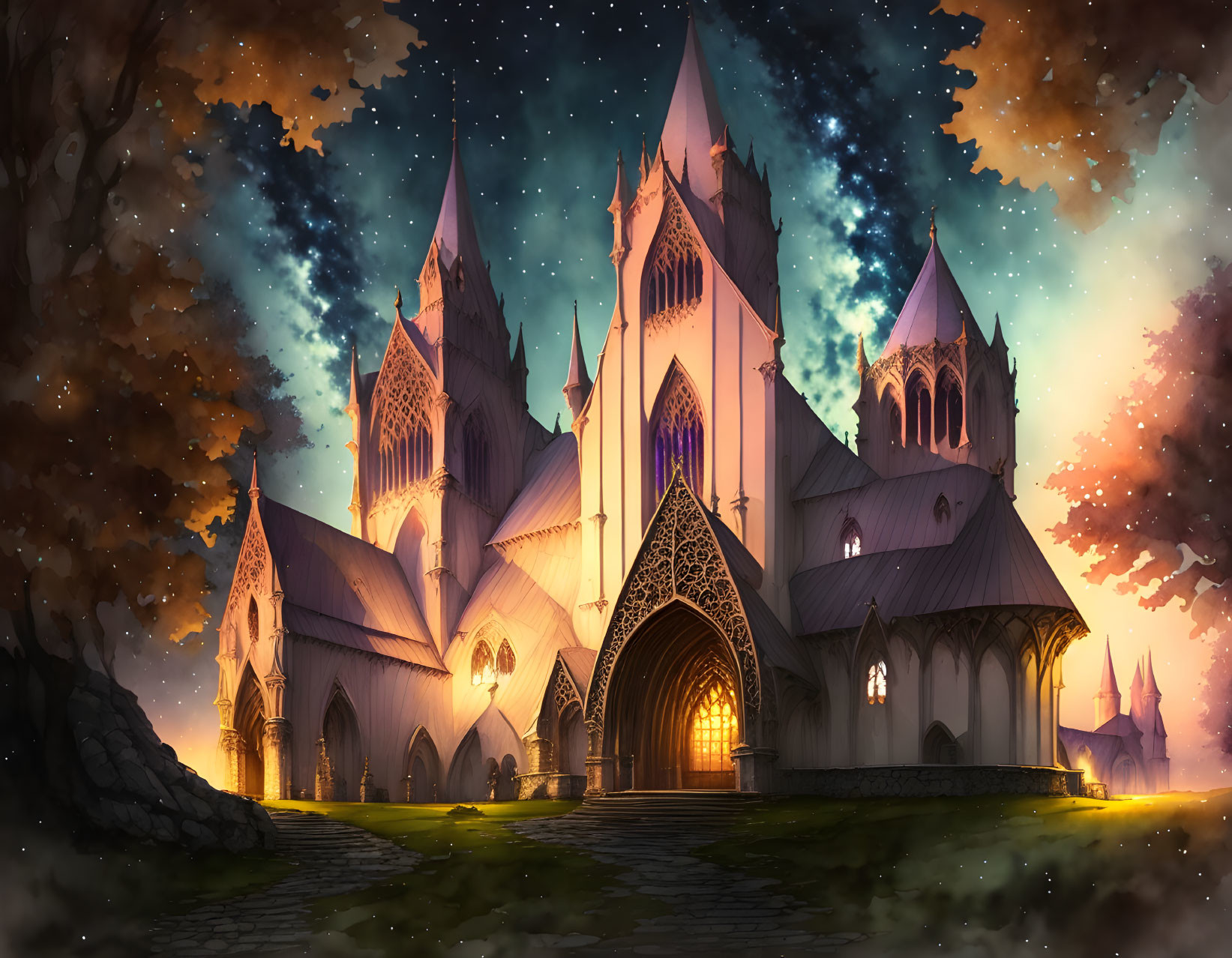 Gothic cathedral digital illustration at dusk with starry sky