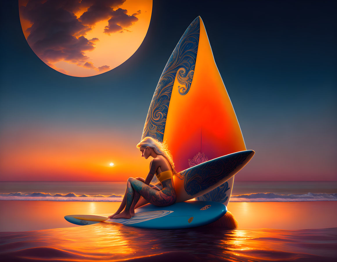 Patterned Outfit Person on Surfboard with Moon and Sunset Background