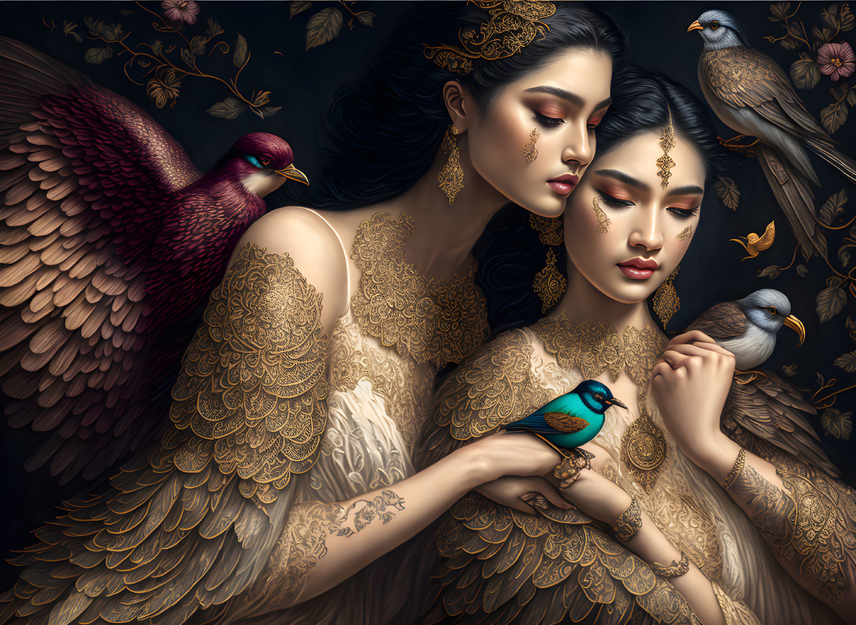 Ornate golden jewelry and feathered garments on women with birds in a dark setting