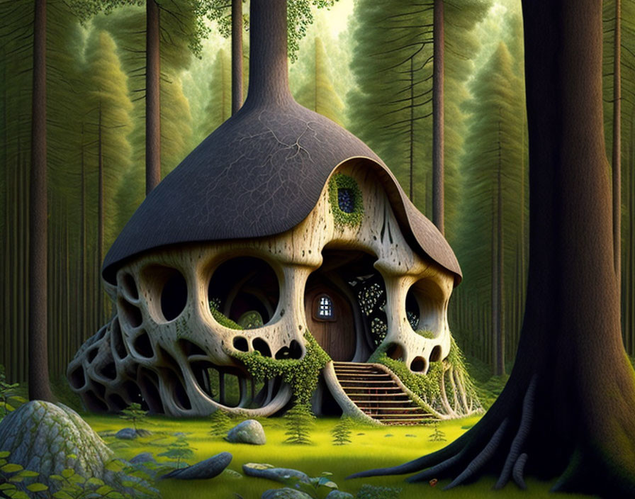 Mushroom-shaped house in dense forest with skull-like windows