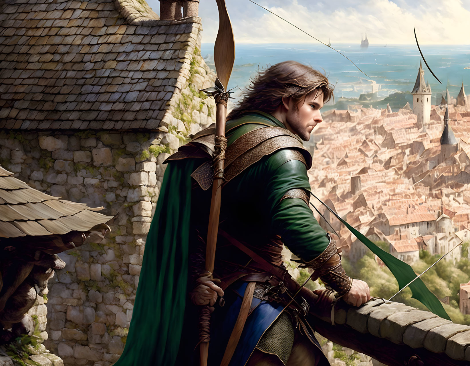 Medieval archer in green cloak on castle wall overlooking ancient city.