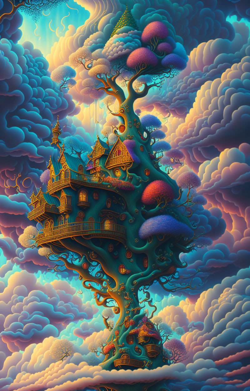 Fantastical tree with ornate houses in vibrant multicolored clouds