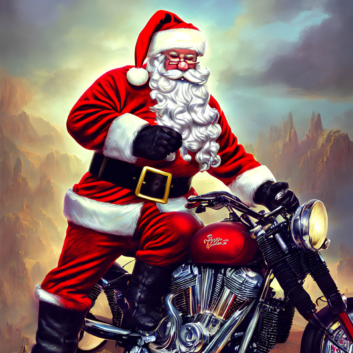 Santa Claus on Motorcycle with Mountain Background