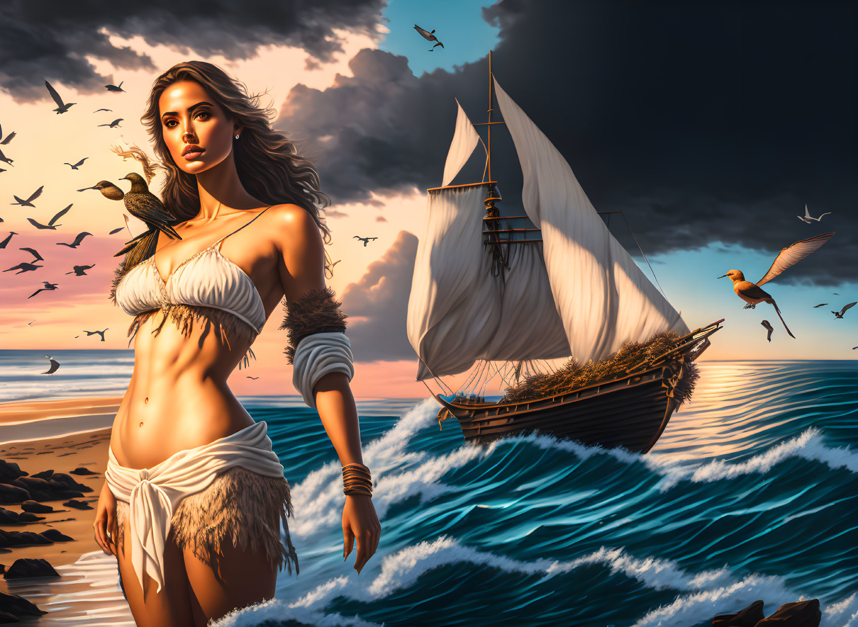 Woman in white tribal attire on beach at sunset with seagulls and sailboat.