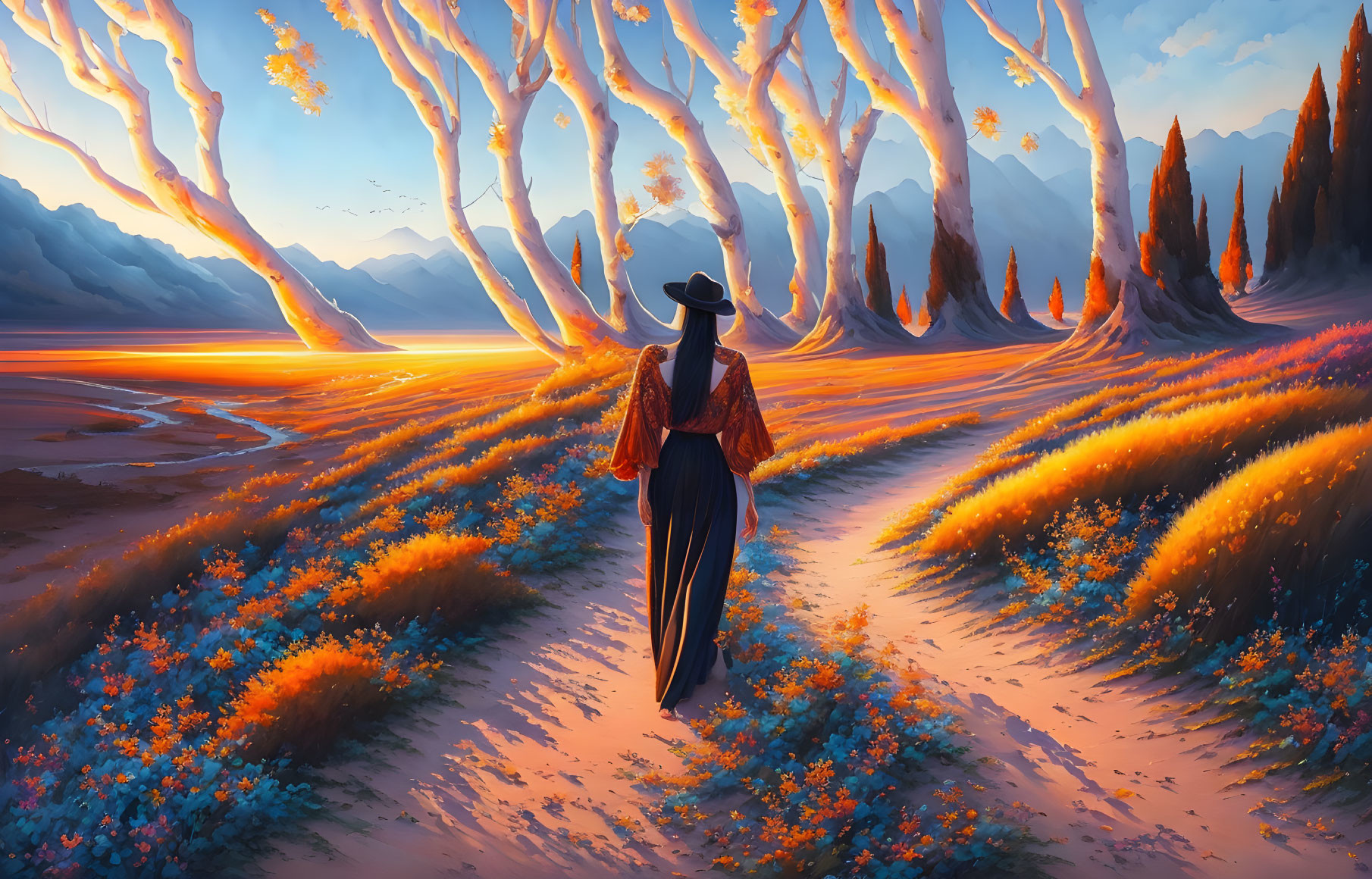 Person in hat walking on vibrant path with flowers, trees, and mountains at sunset