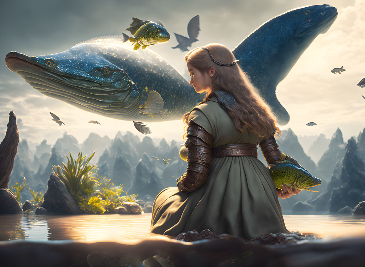 Medieval woman by water with giant floating fish in mystical landscape