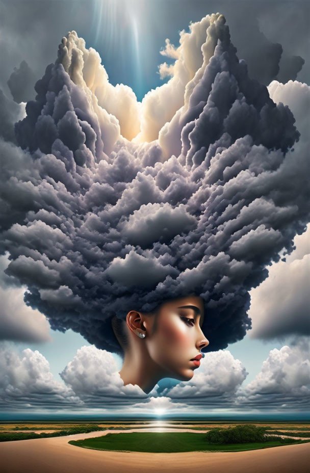 Surreal artwork: Woman's profile merges with cloudscape and sunbeam