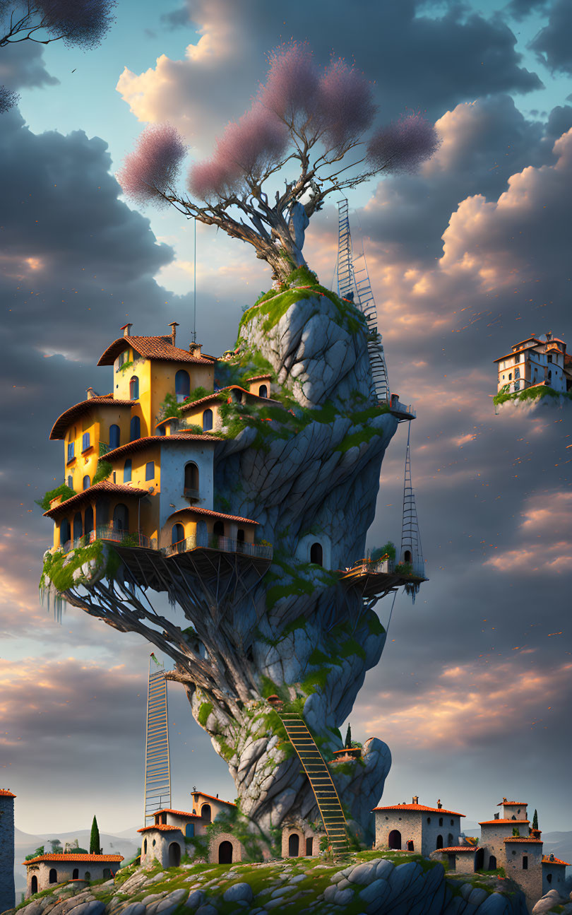 Fantasy tree with whimsical houses and staircases at dusk