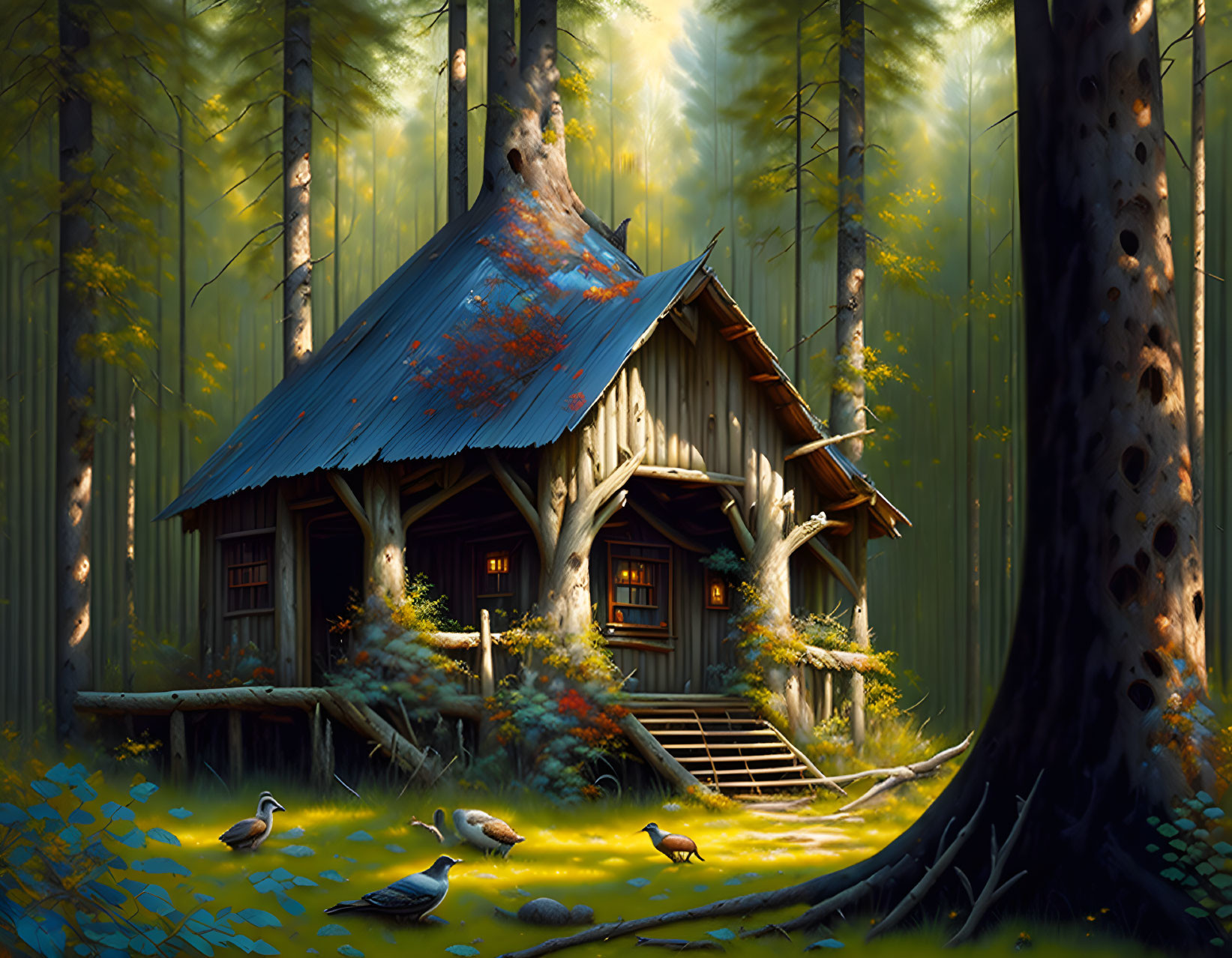 Rustic woodland cabin with blue roof in golden sunlight