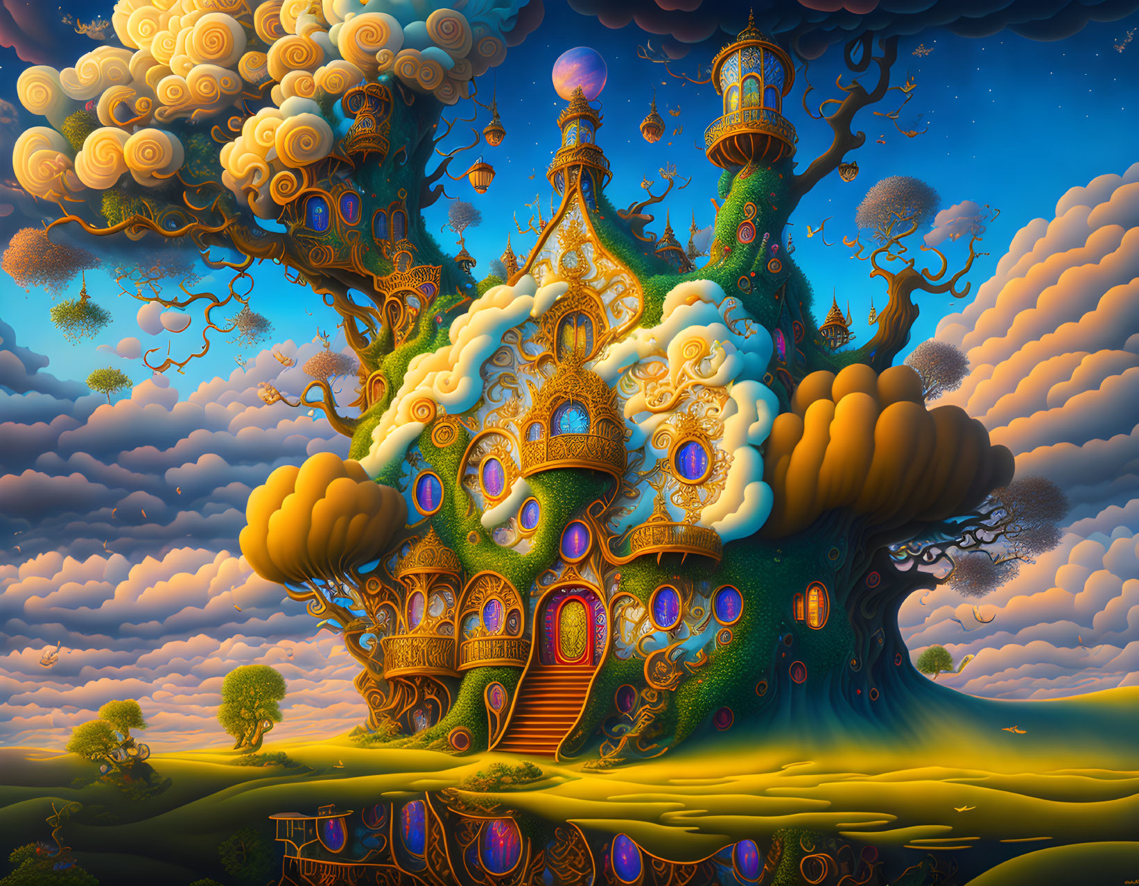 Colorful fantasy treehouse with towers and stained glass windows