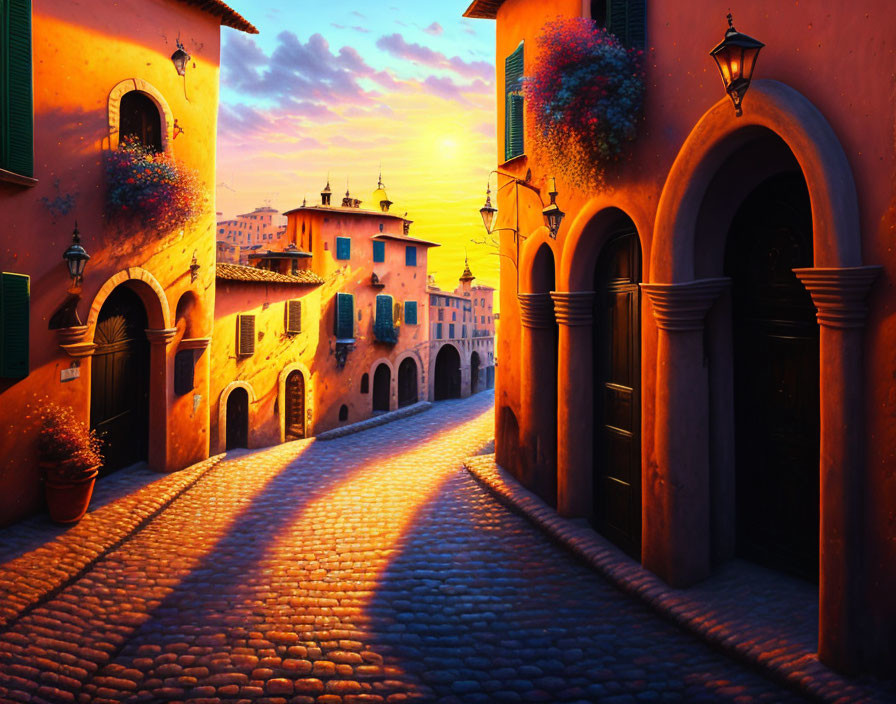 Old Town Cobblestone Street at Dusk with Warm Glowing Lights