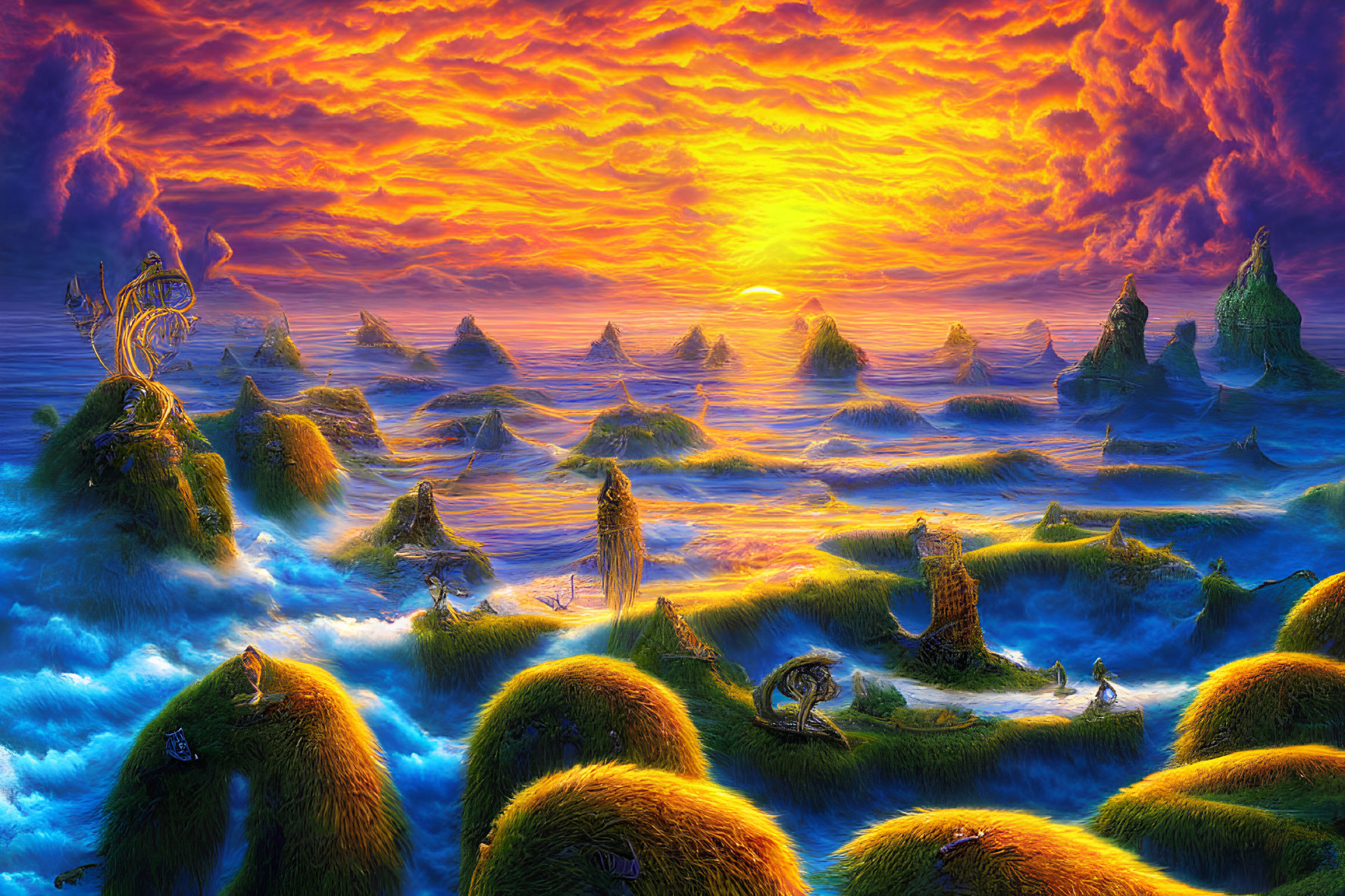 Vivid landscape with fiery clouds, sea, grass-covered islets, whimsical trees, dramatic sunset