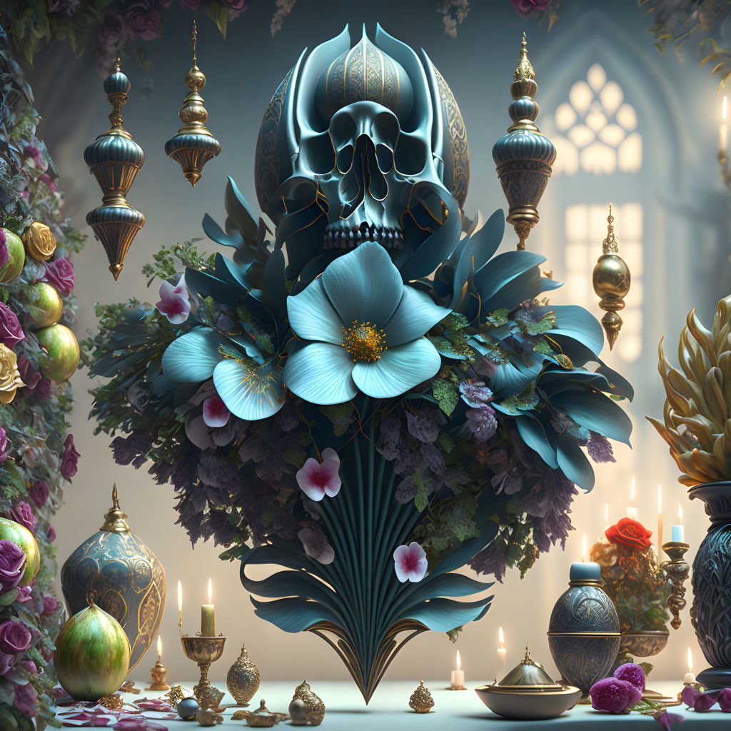 Skull adorned with blue flowers and purple foliage in Arabian setting.