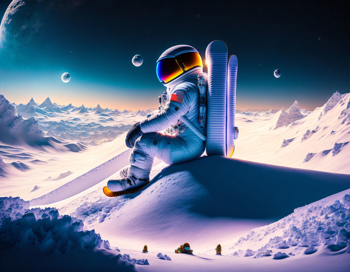 Astronaut snowboarding in surreal snowy landscape with multiple moons