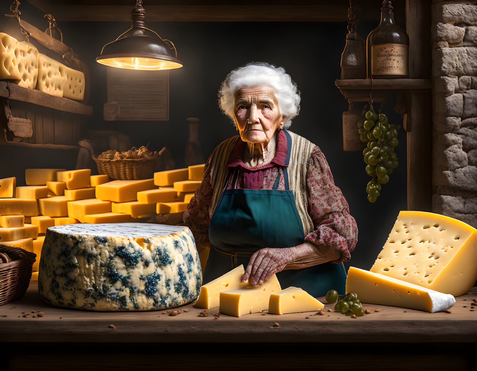 Elderly Woman Surrounded by Cheese and Grapes in Warm Lighting