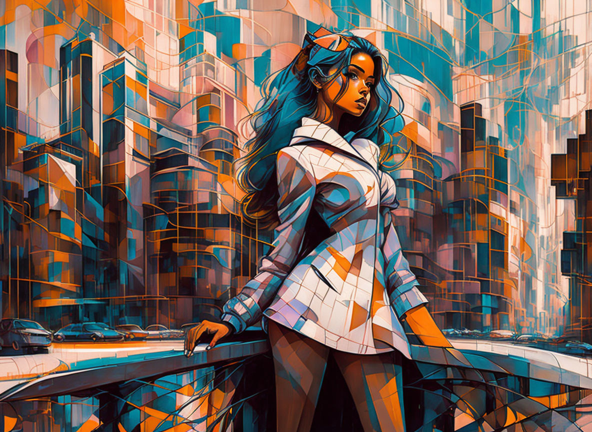 Vibrant digital artwork: Woman with blue hair and futuristic cityscape