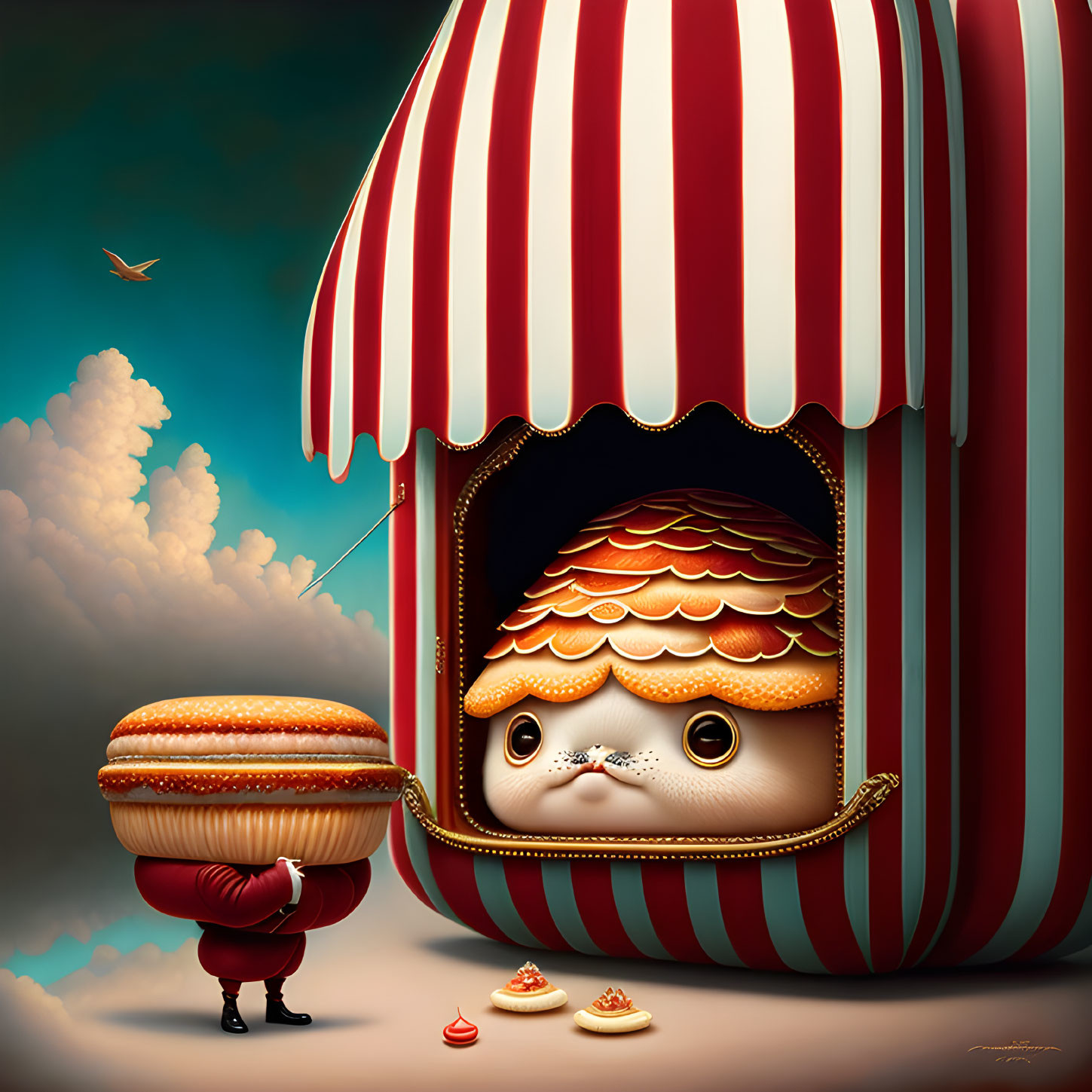 Illustration of cat in burger costume at circus tent with burger character and tiny burgers.