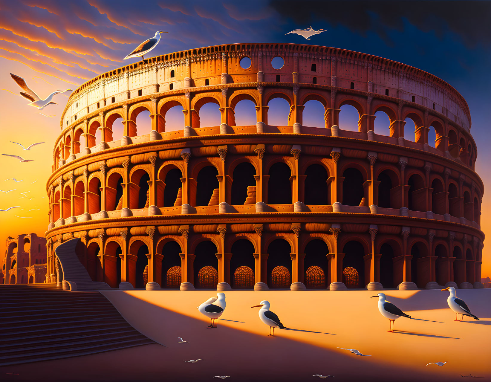 Colosseum digital art: sunset scene with orange sky and seagulls