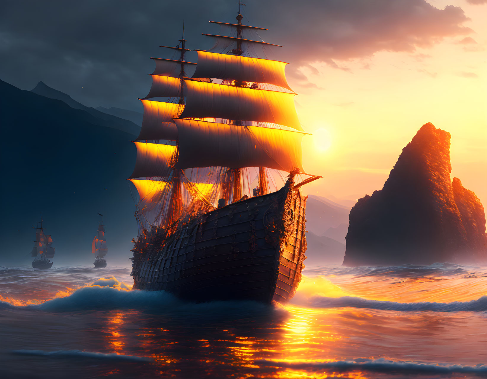 Sailing ships with billowing sails on fiery seas at sunset