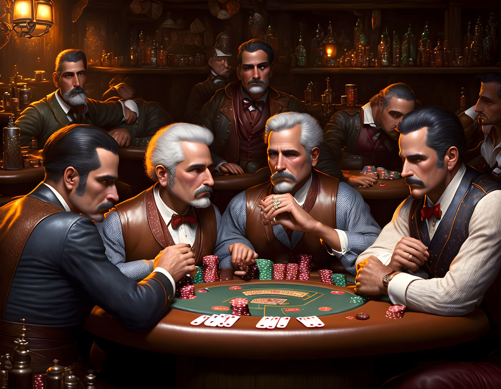 Vintage Attired Men Playing Poker in Dimly-Lit Bar