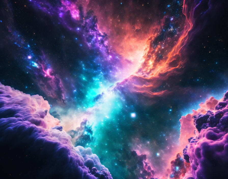 Colorful cosmic scene with swirling nebulae and twinkling stars in purple, blue, and pink