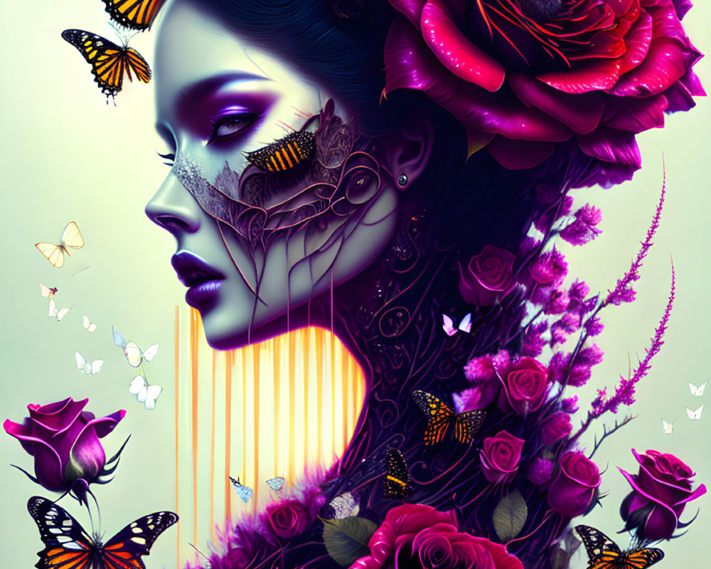 Digital artwork featuring woman with floral and butterfly motif