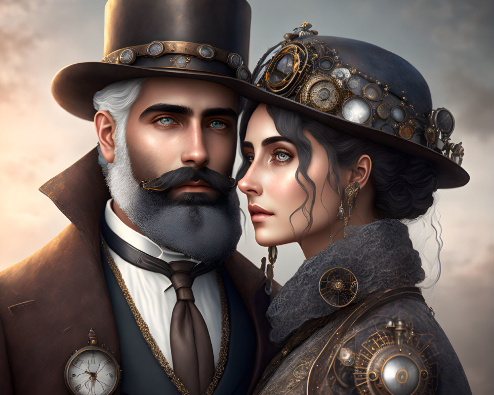 Steampunk Victorian couple in detailed attire with top hats and goggles