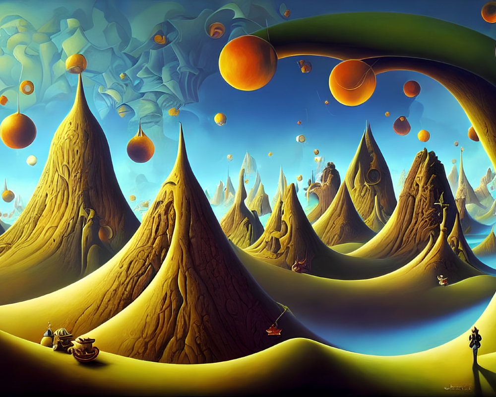 Surreal landscape with conical hills and oversized orange fruits under vibrant blue sky