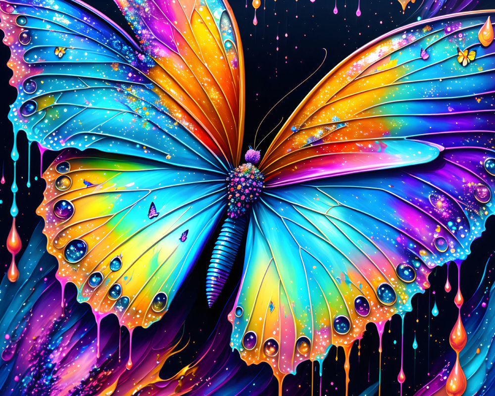 Colorful Butterfly Digital Art with Rainbow Wings and Sparkling Droplets on Starry Background