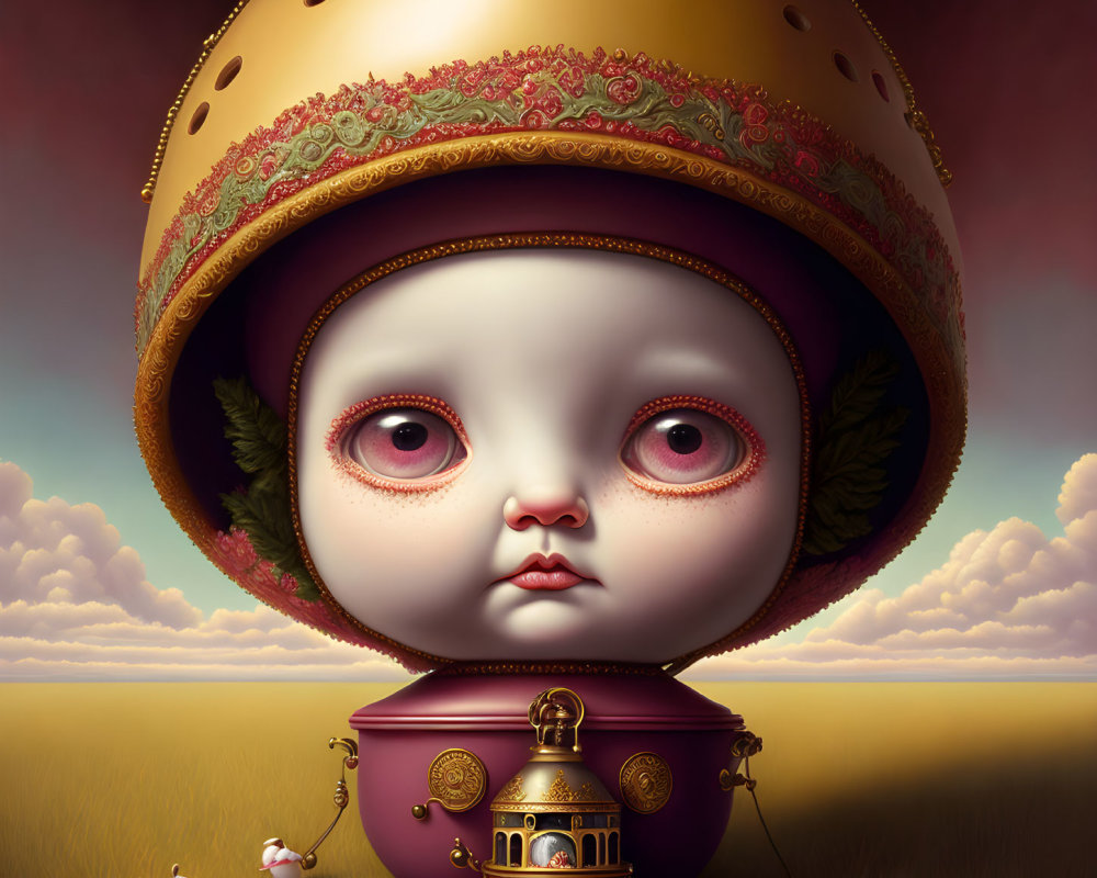 Surreal artwork of a child's face in ornate helmet with teapots on twilight sky