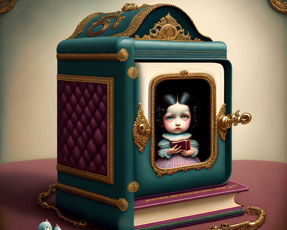 Vintage blue safe illustration with gold details, girl, book, and bird.