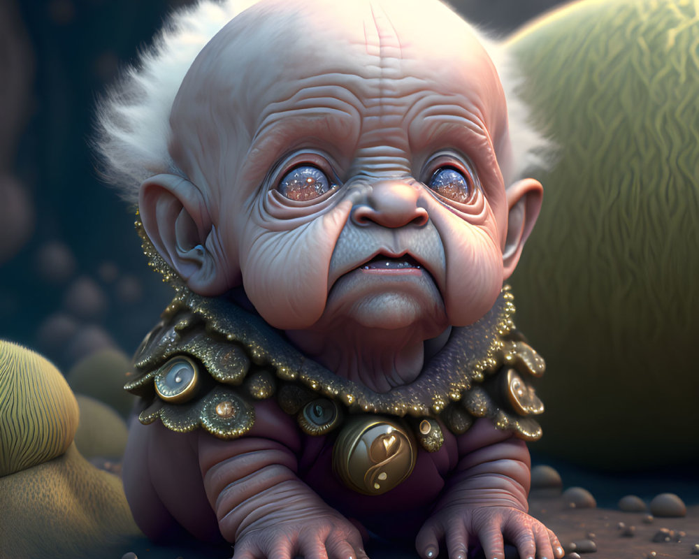 Elderly fantasy creature with oversized eyes and ornate collar in digital art