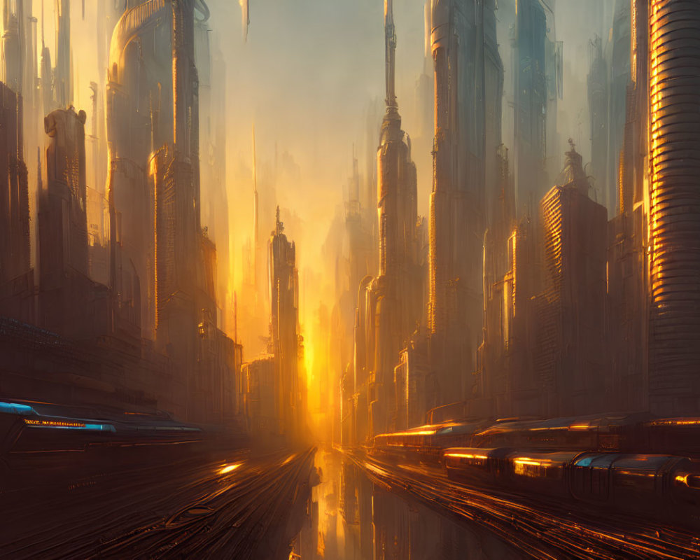 Golden sunlight illuminates futuristic cityscape with skyscrapers and flying vehicles in hazy atmosphere