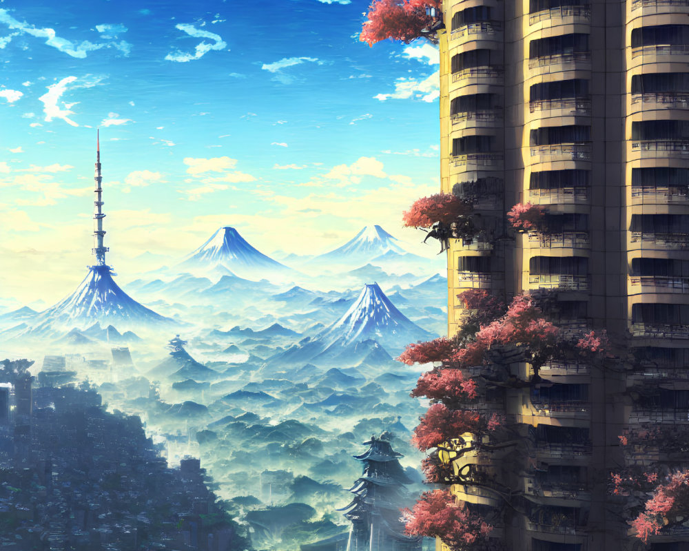 Skyscraper with pink foliage in misty cityscape & distant mountains