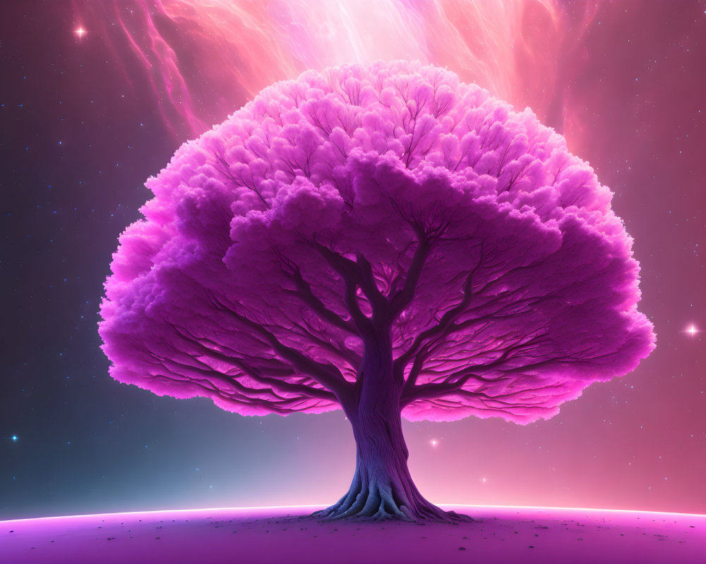 Surreal image: Large tree with pink leaves under neon sky