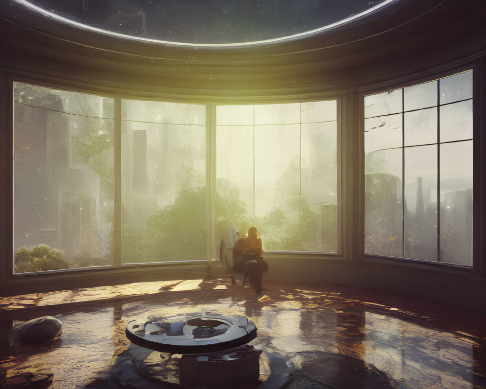 Person enjoys panoramic cityscape view at dawn in futuristic interior