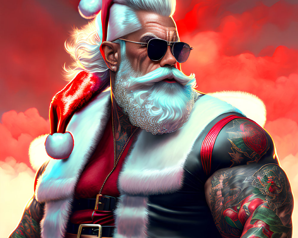 Hip tattooed Santa Claus illustration with sunglasses and white beard