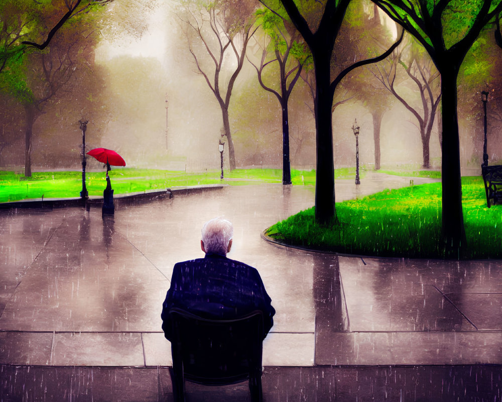 Individual on park bench gazing at person with red umbrella in rainy park