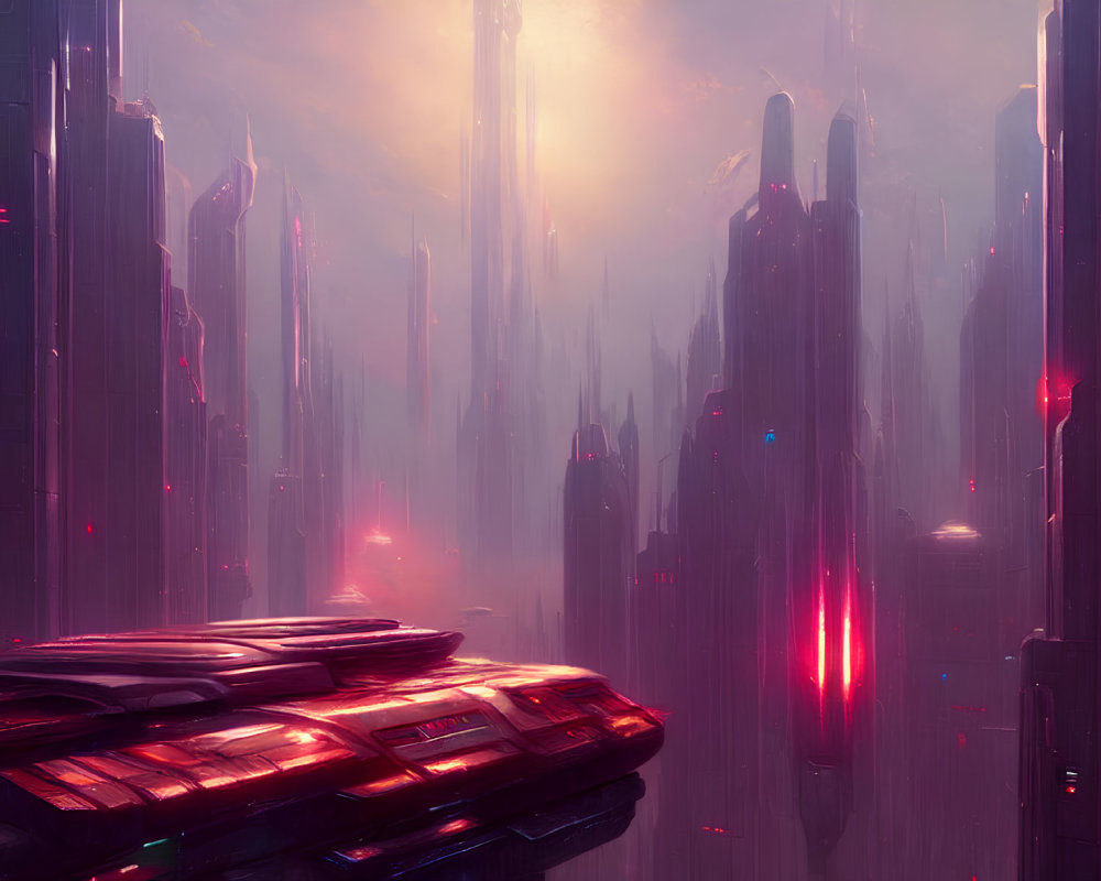 Futuristic cityscape with towering skyscrapers and flying vehicles