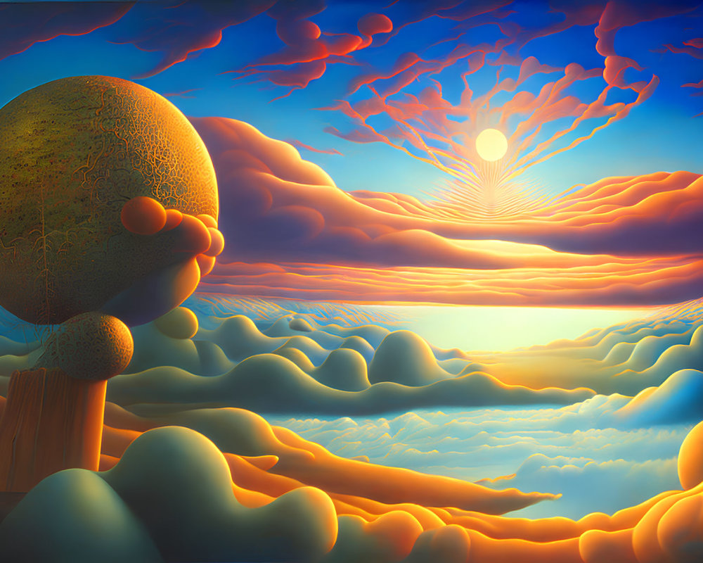 Vibrant surreal landscape with detailed sphere and colorful sunset